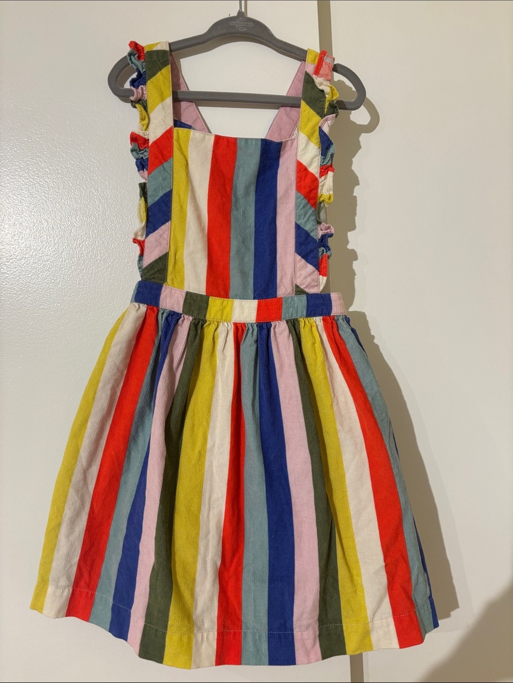 Mini Boden Bright-Stripe Pinafore in Red, Yellow, Blue, Pink, Green Corduroy
